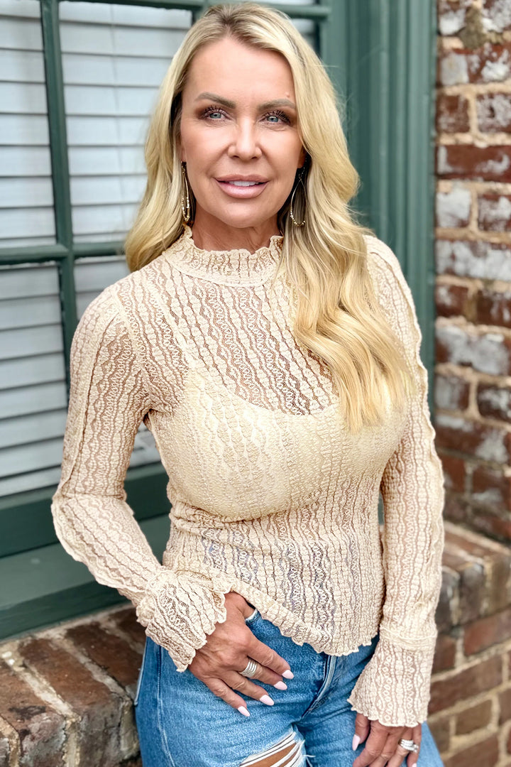 Apricot Flounced Long Sleeve Mock Neck Sheer Lace Top