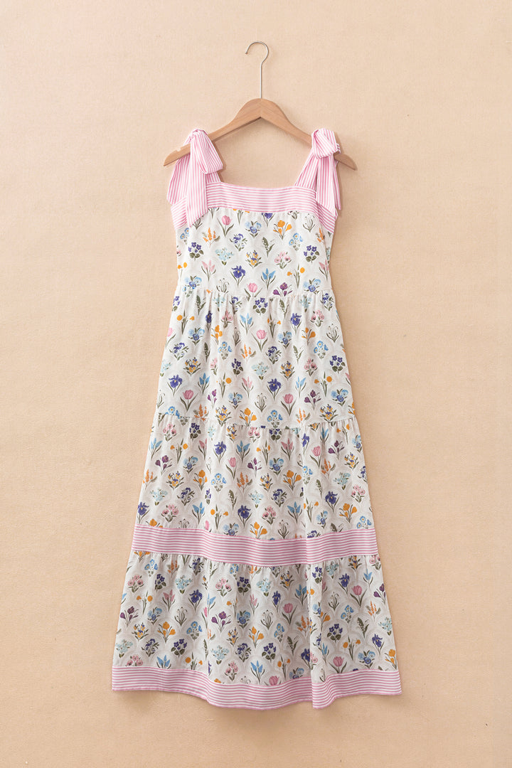 Multicolour Floral Print Striped Detail Knot Straps Maxi Dress