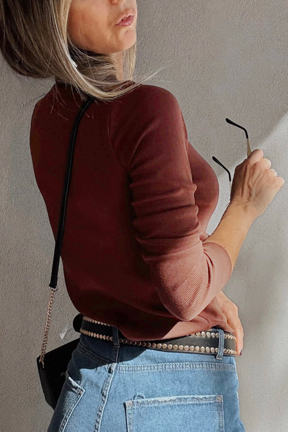 Burgundy Gathered Bust Square Neck Ribbed Fit Long Sleeve Top