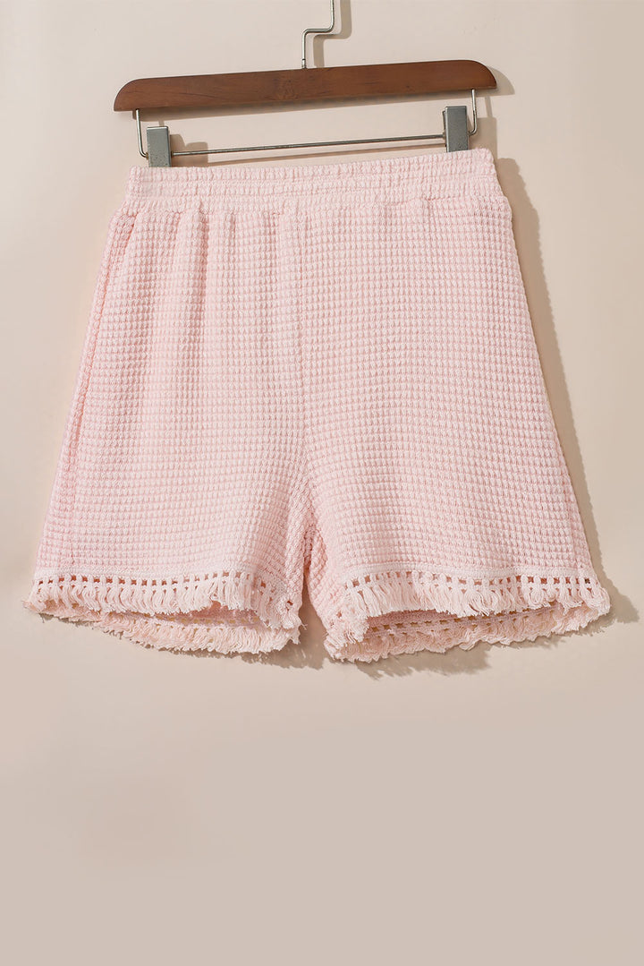 Pink Fringe Trim Textured Short Two Piece Set | Women