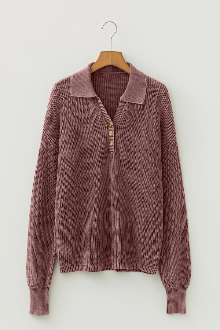 Dark Brown Mineral Washed Knit Button Polo Collar Loose Sweater