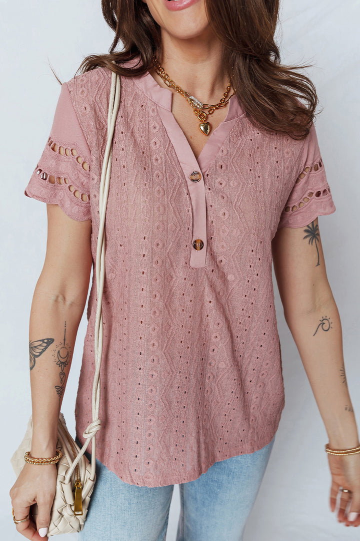 Fushia Textured Embroidered Half Buttons Short Sleeve Blouse