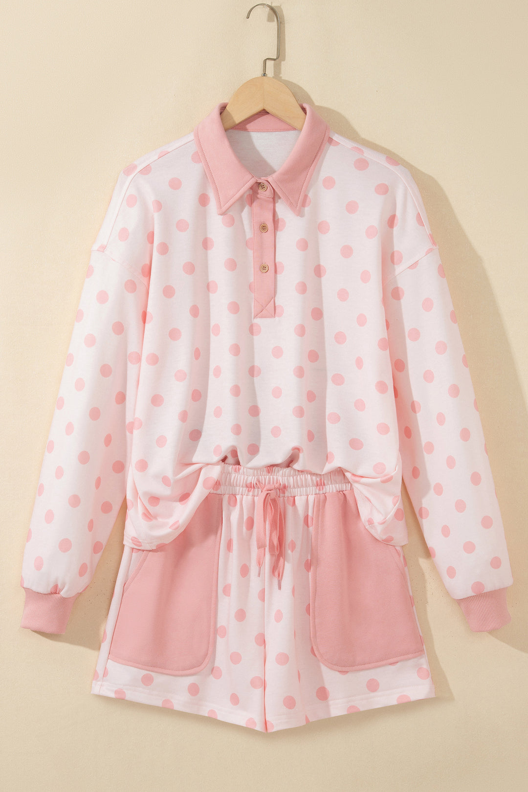 Pink Polka Dot Drop Shoulder Polo Loose Pullover Patch Pocket Casual Shorts Set