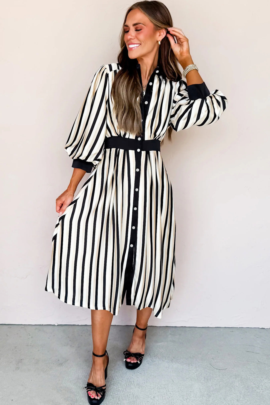 Black Stripe 3/4 Puff Sleeve Shirt Style Button Down Midi Dress Errabelly Black Stripe 3/4 Puff Sleeve Shirt Style Button Down Midi Dress Errabelly