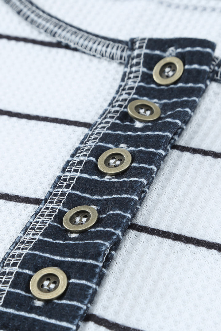 White Striped Buttoned Henley Waffle Knit Top