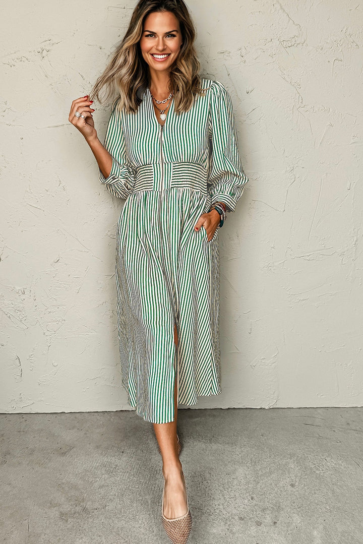 Green Stripe V Neck Zip Front Cinched High Waist Midi Dress