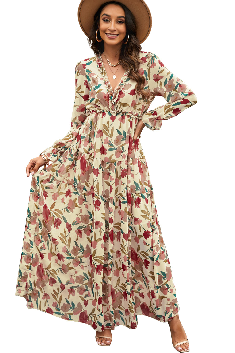 Wild Lotus Beige Ruffle Tiered Maxi Dress | Women