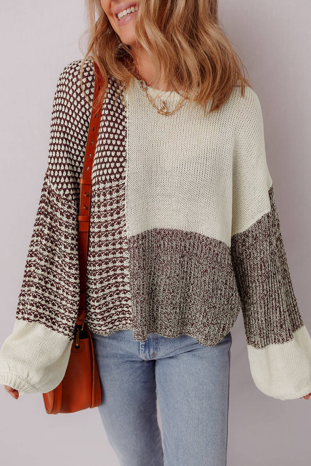 Dark Khaki Color Block Back Tie Drop Shoulder Loose Sweater