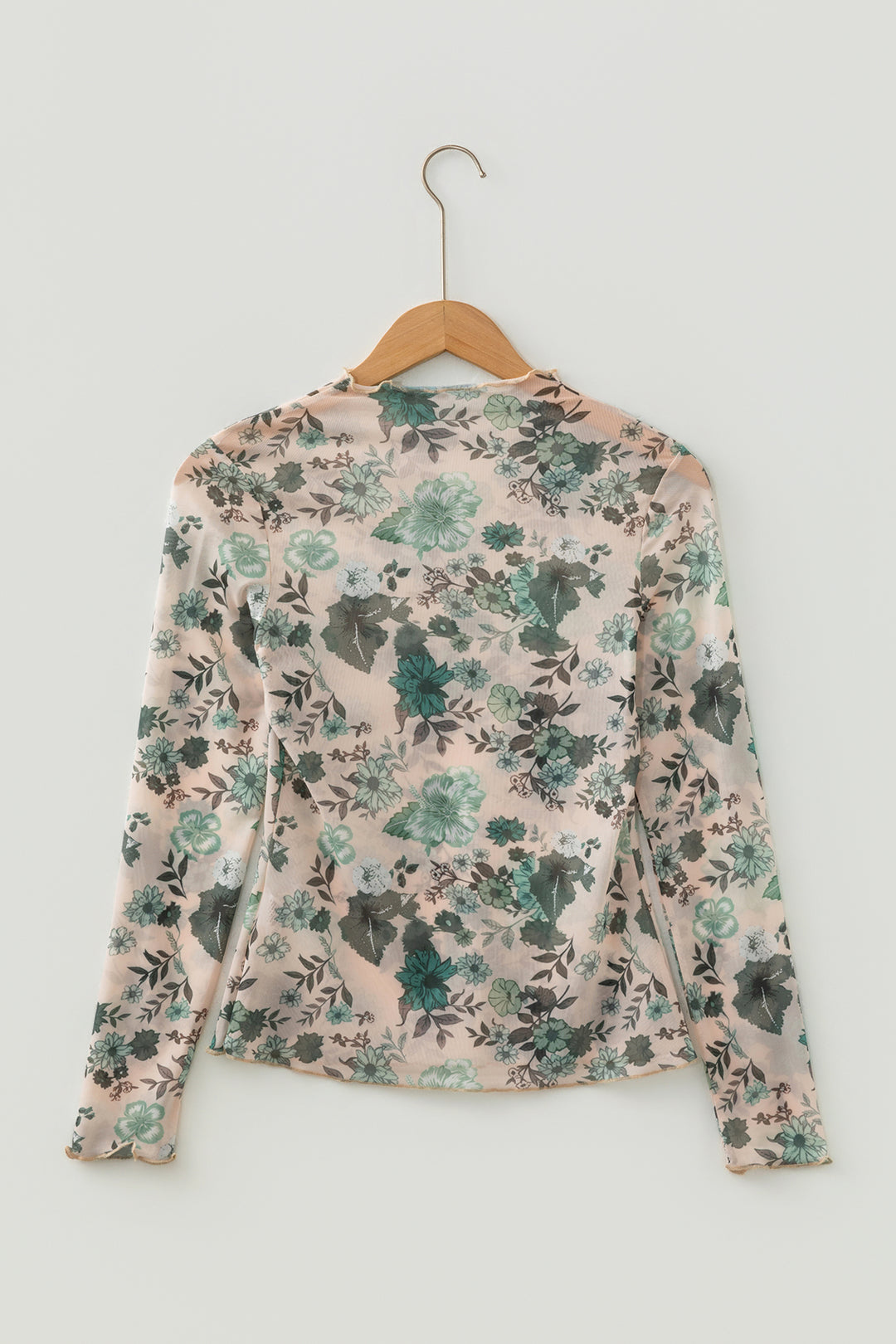 Green Western Style Floral Print Long Sleeve Mesh Top