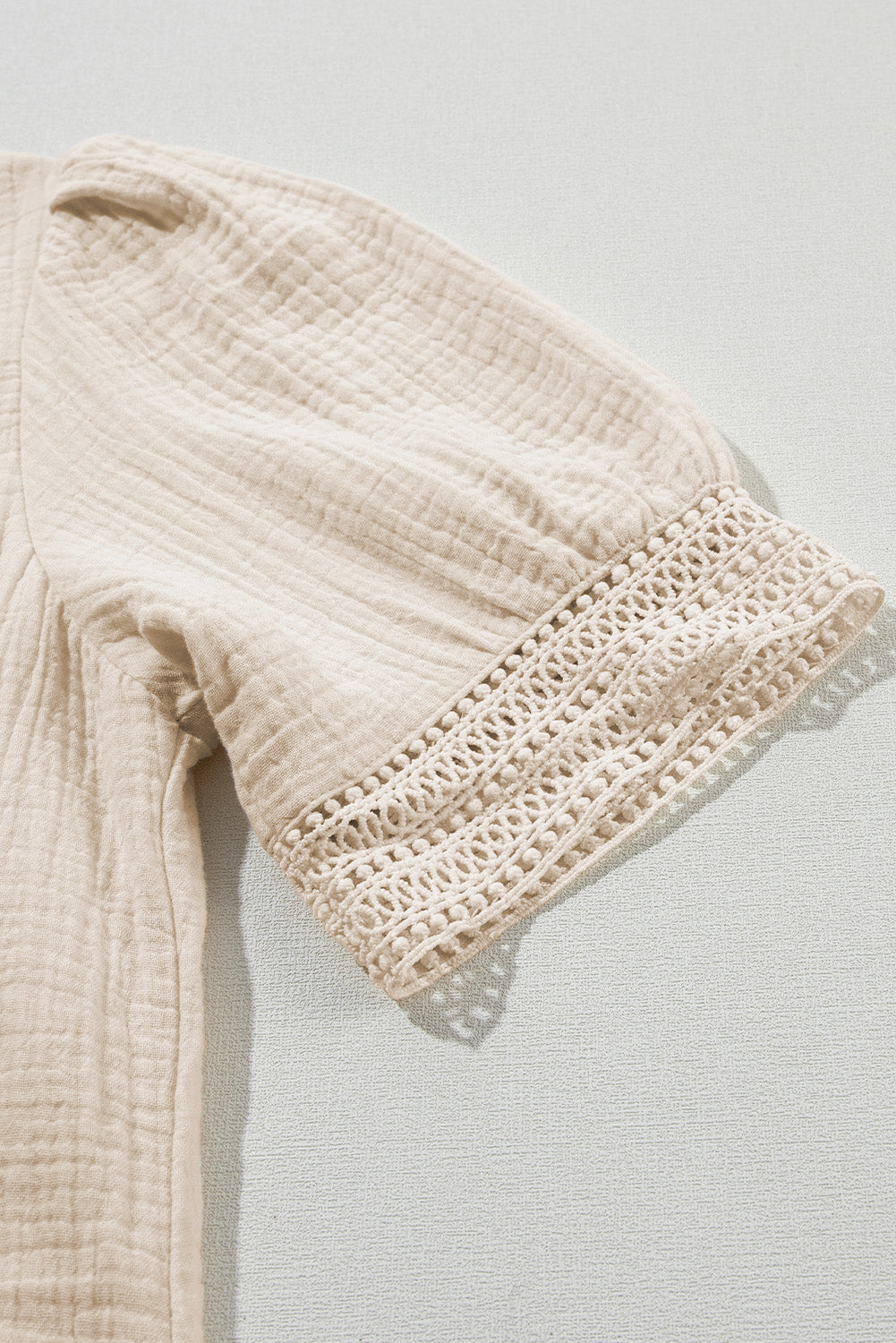 Beige Crinkle Lace Trim Puff Sleeve Shift Cotton Mini Dress