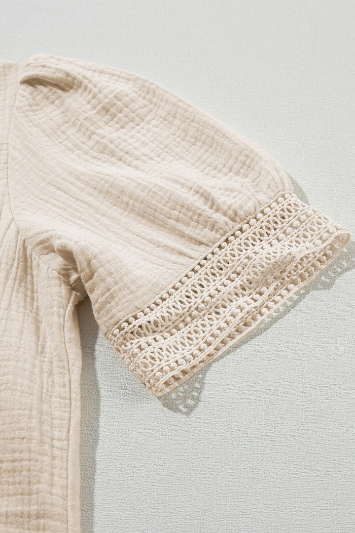 Beige Crinkle Lace Trim Puff Sleeve Shift Cotton Mini Dress