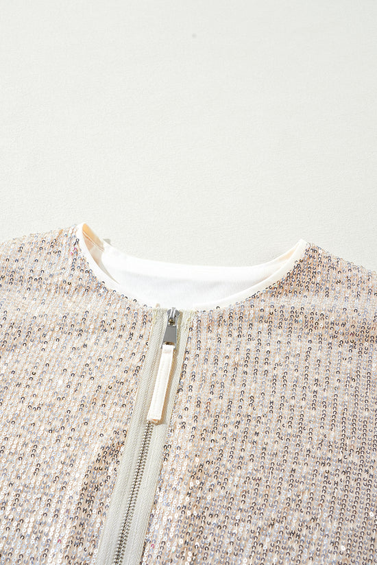 Apricot Sequin Zip up Round Neck Long Sleeve Jacket