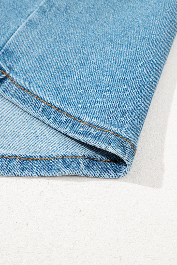 Dusk Blue Acid Washed Bowknot Details High Waist Denim Skirt