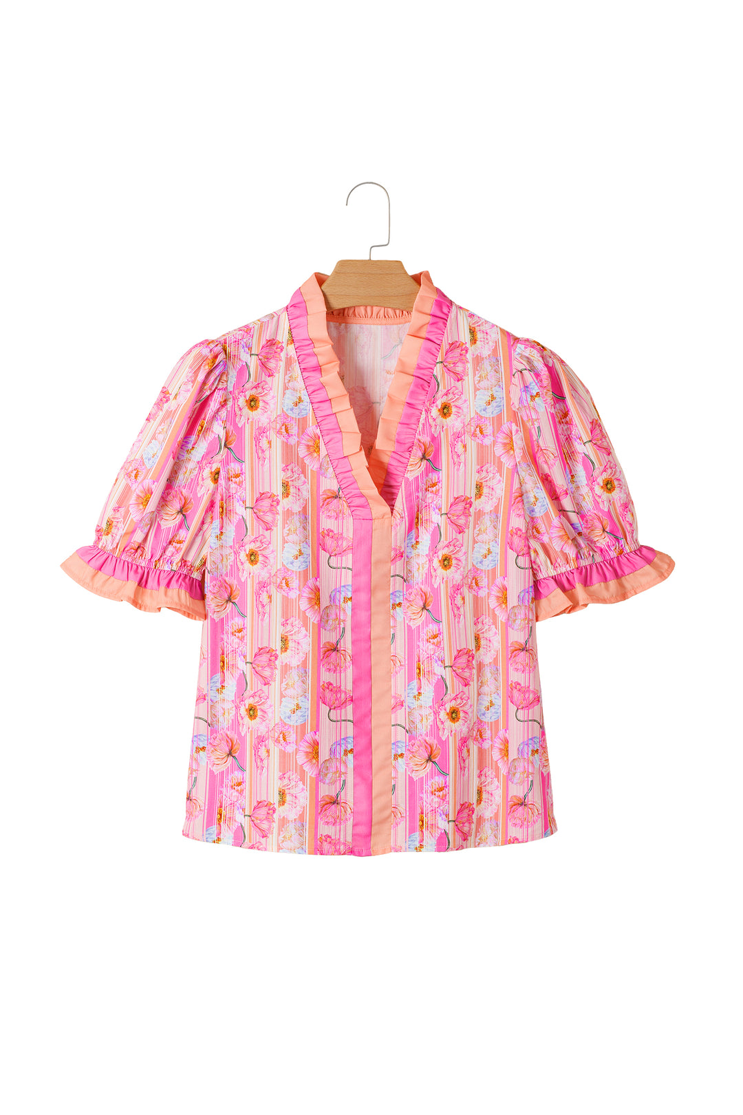 Pink Poppy Flower Striped Print Color Block Trim V Neck Short Sleeve Cotton Blouse