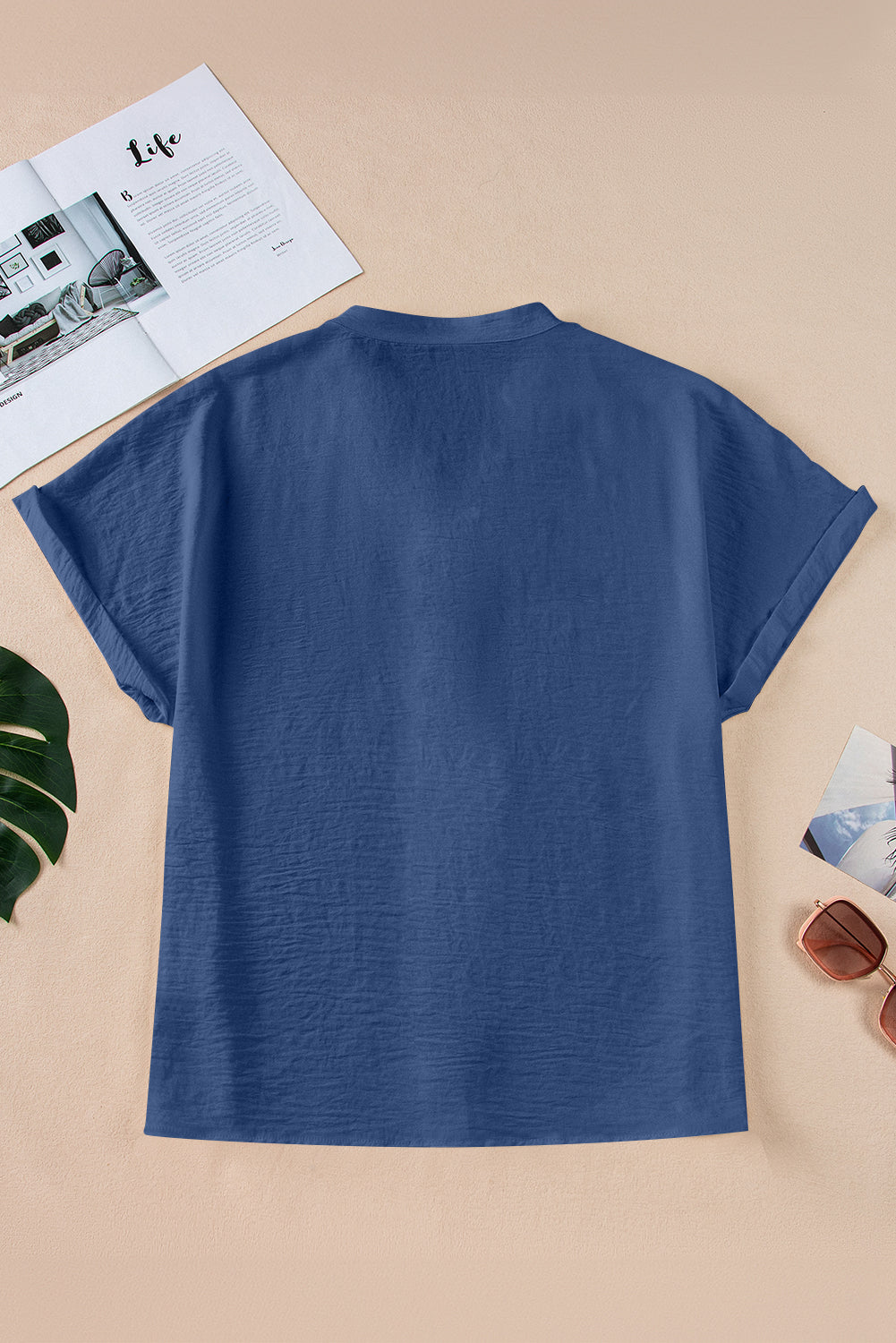 Sail Blue Notched Neck Batwing Sleeve Lightweight Blouse