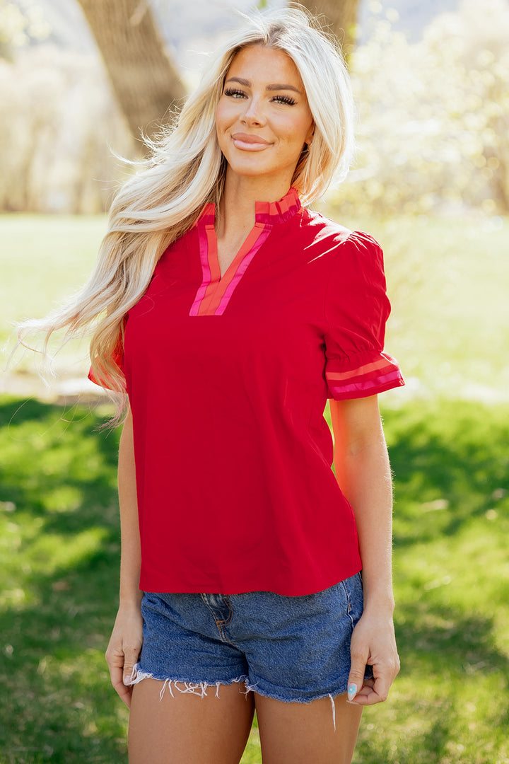 Green Striped Frilled Collar Ruffled Short Sleeve Blouse