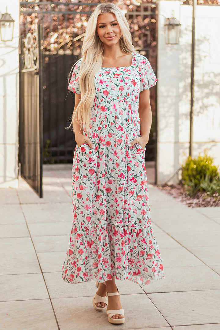 Pink Floral Puff Sleeve Square Neck Empire Waist Tiered Maxi Dress