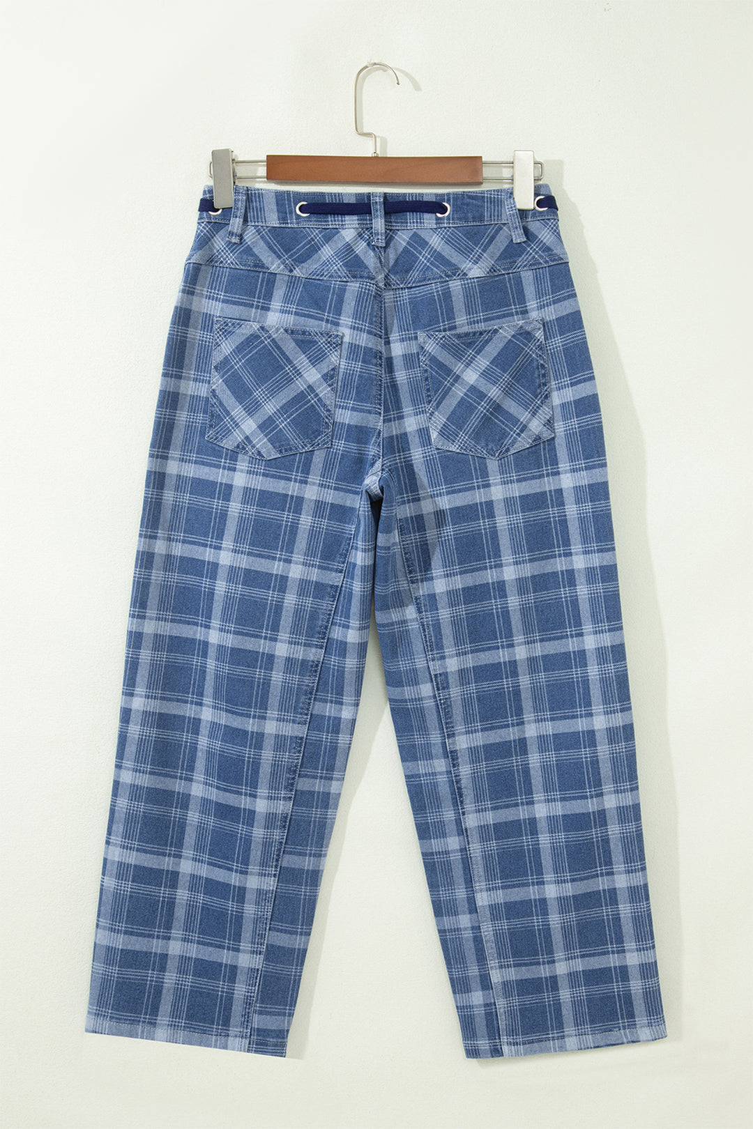Sky Blue Plaid Denim Grommet Drawstring Waist Ankle-Length Jeans