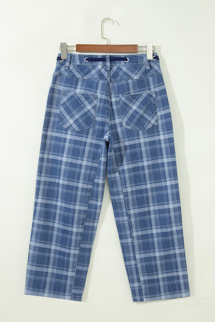 Sky Blue Plaid Denim Grommet Drawstring Waist Ankle-Length Jeans