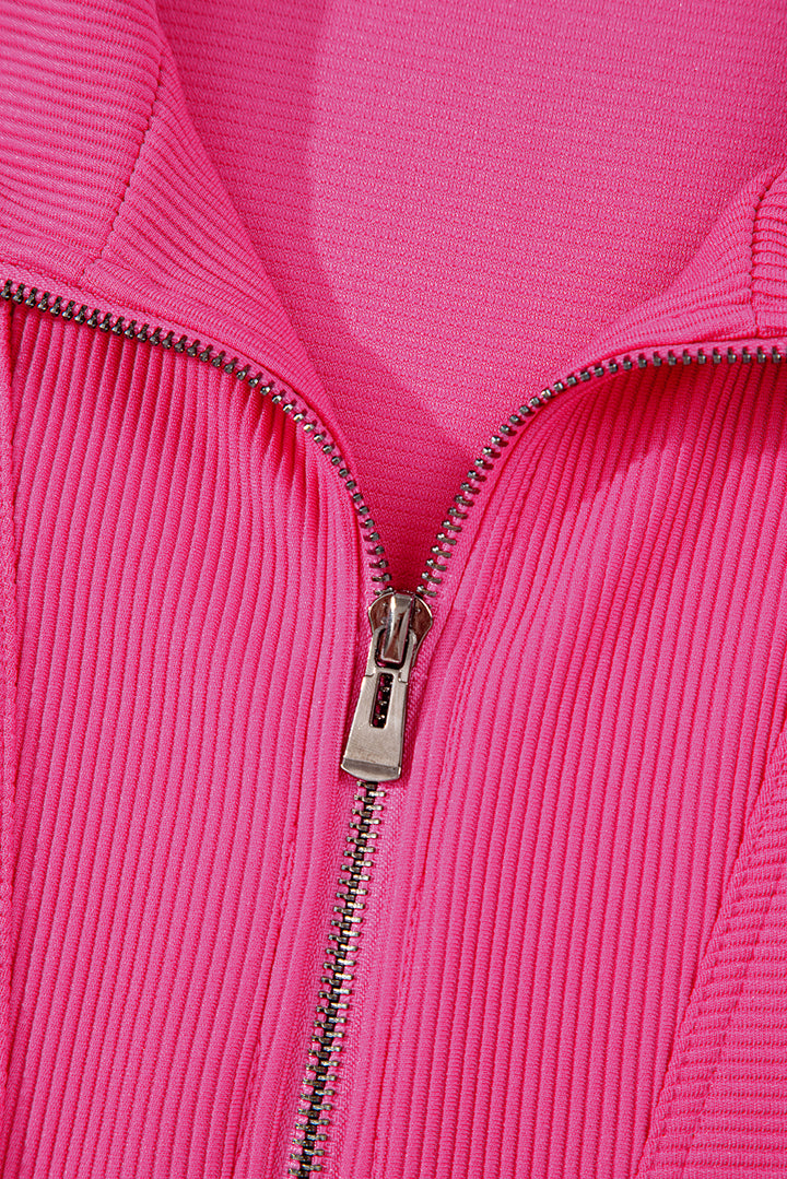 Rose Red Textured Short Sleeve Half Zip Drawstring Elastic Waistband Romper