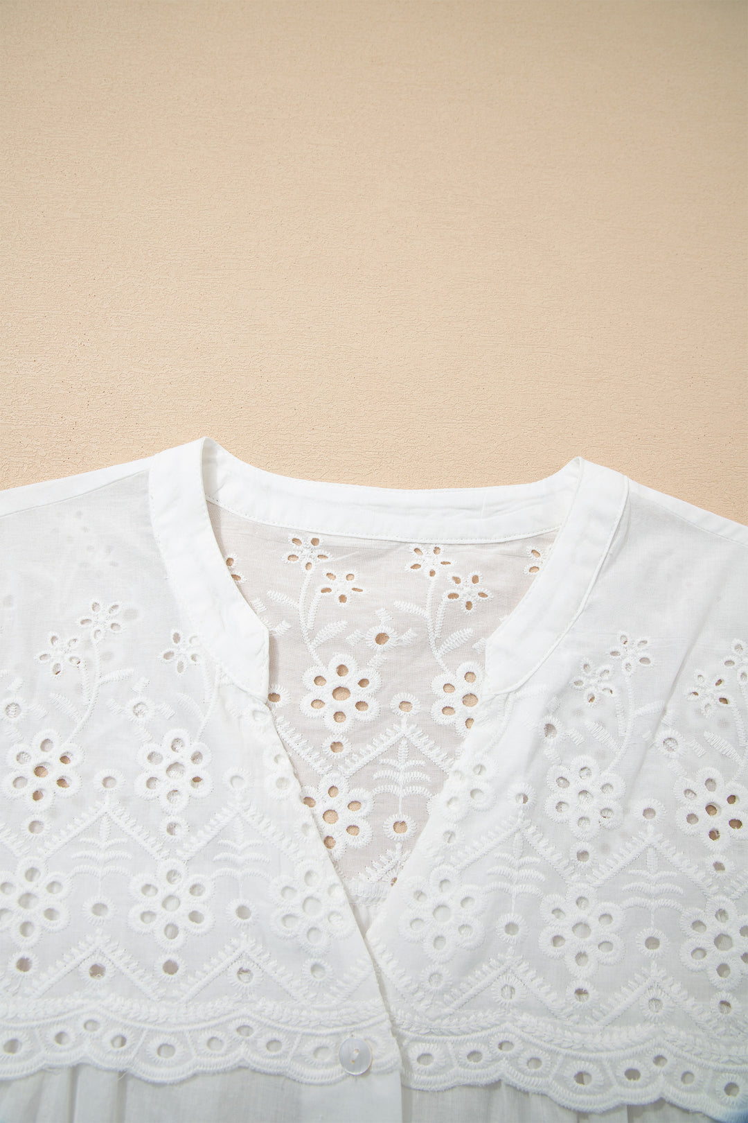 White Flower Eyelet Embroidered Patchwork Sheer Short Sleeve Cotton Shirt