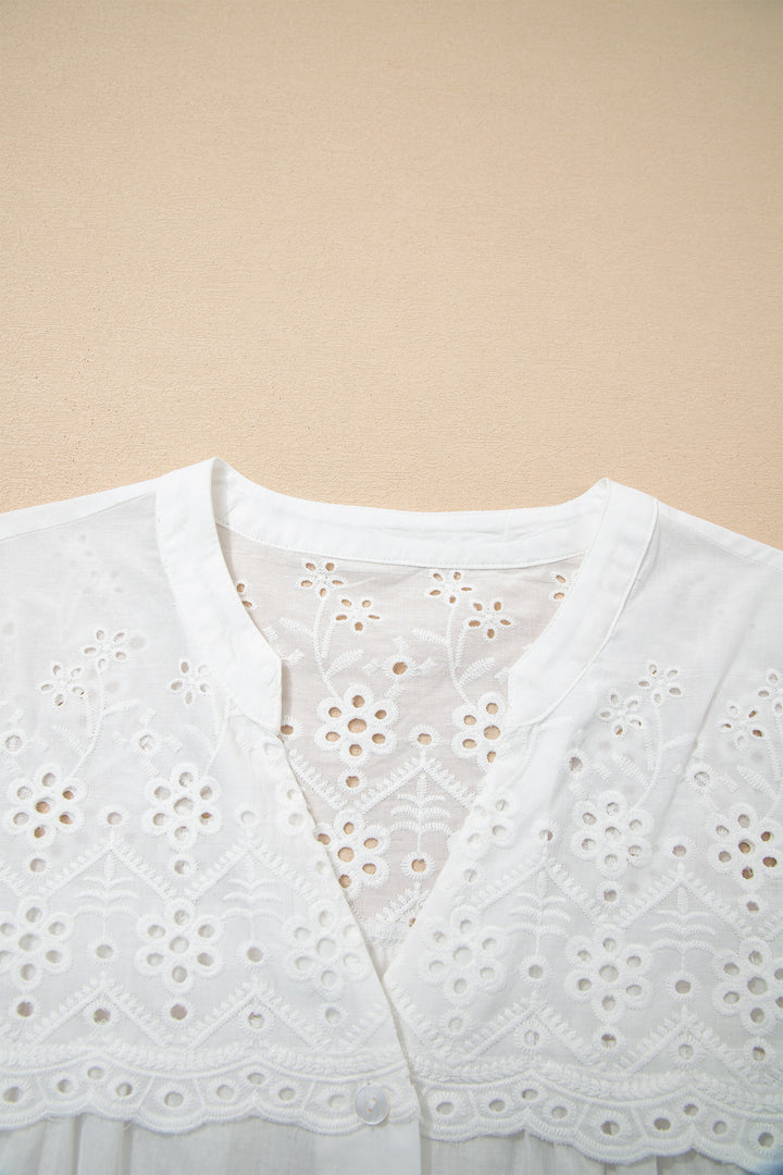 White Flower Eyelet Embroidered Patchwork Sheer Short Sleeve Cotton Shirt