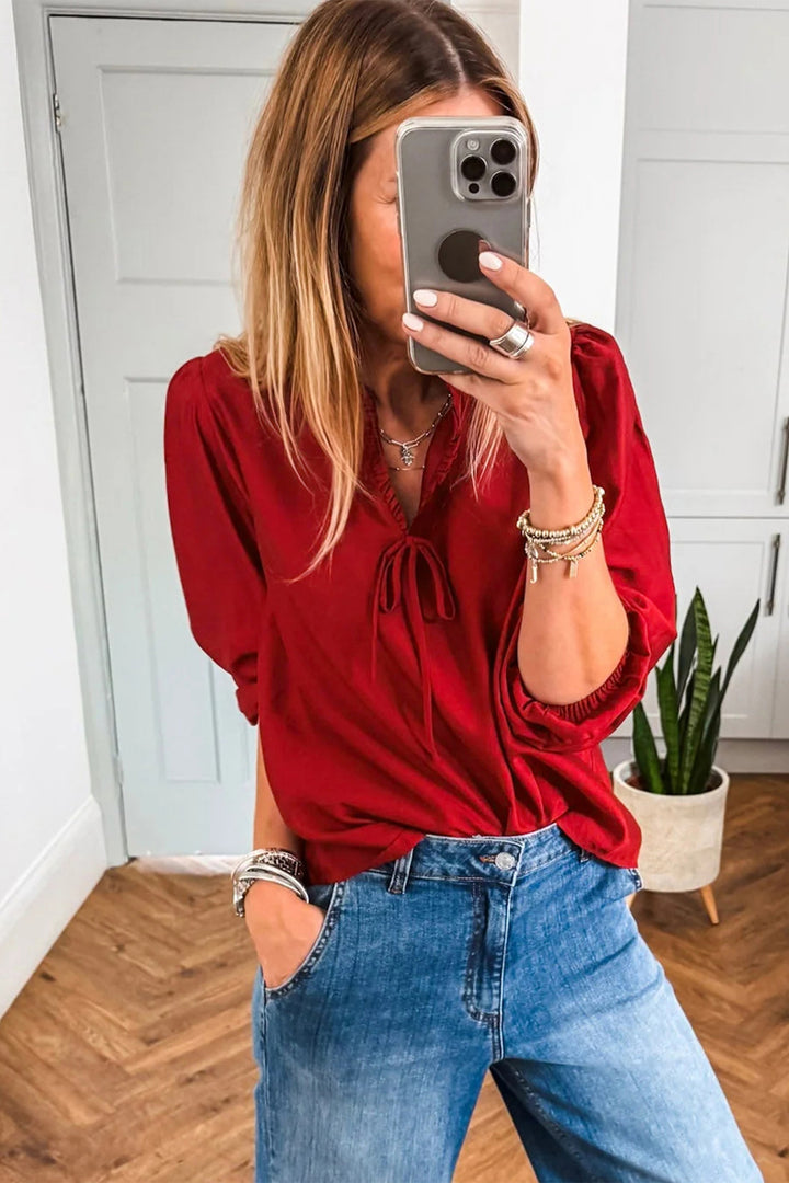 Fiery Red Solid Color Frilled V Neck Bow Detail 3/4 Sleeve Blouse