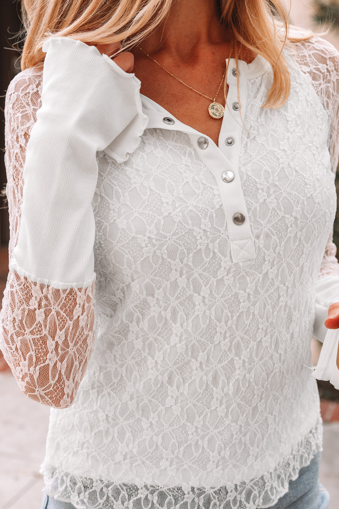 Black Sheer Lace Long Sleeve Slim Henley Top