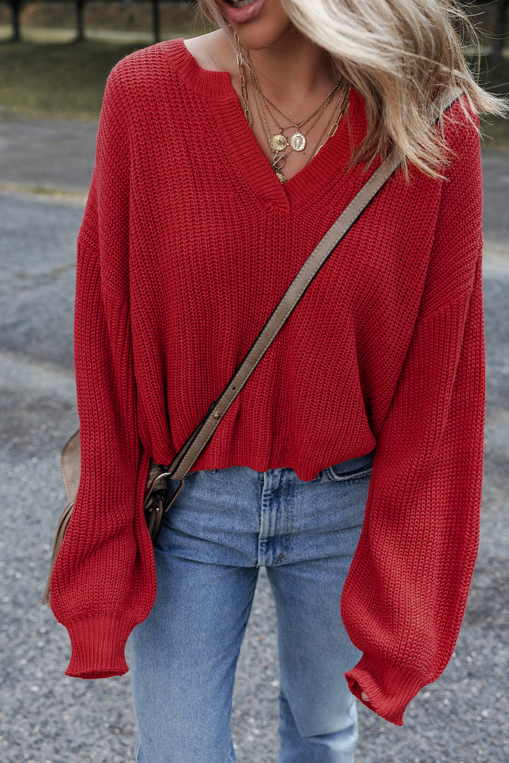Racing Red Solid Textured Knit V Neck Drop Shoulder Sweater
