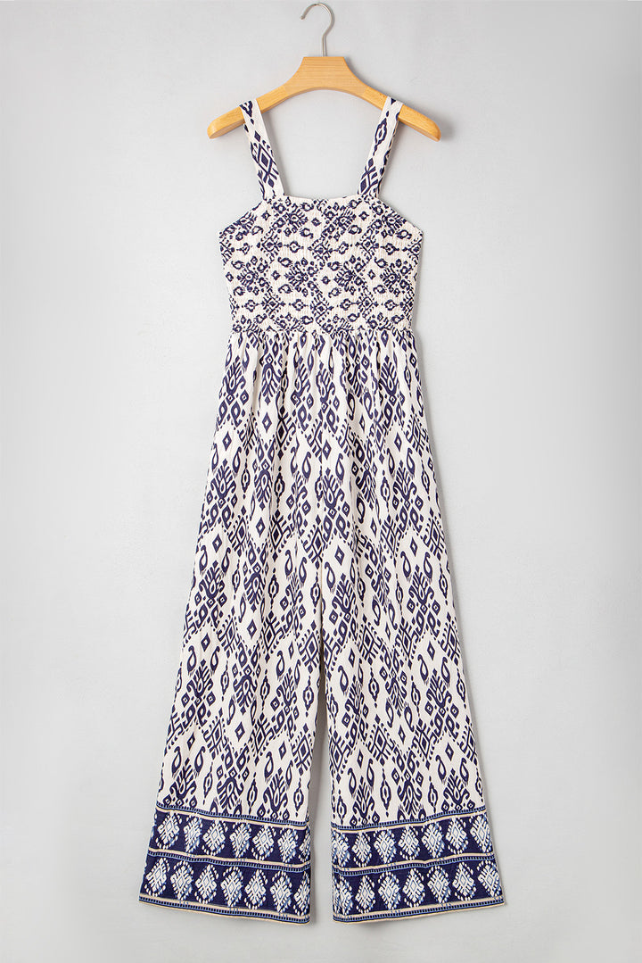 Blue Boho Geometric Print Shirred High Waist Wide Leg Jumpsuit