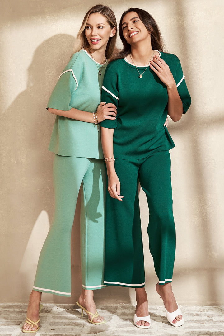 Canton Contrast Trim Half Sleeve Top Drawstring Pants Loose 2pcs Sweater Suit