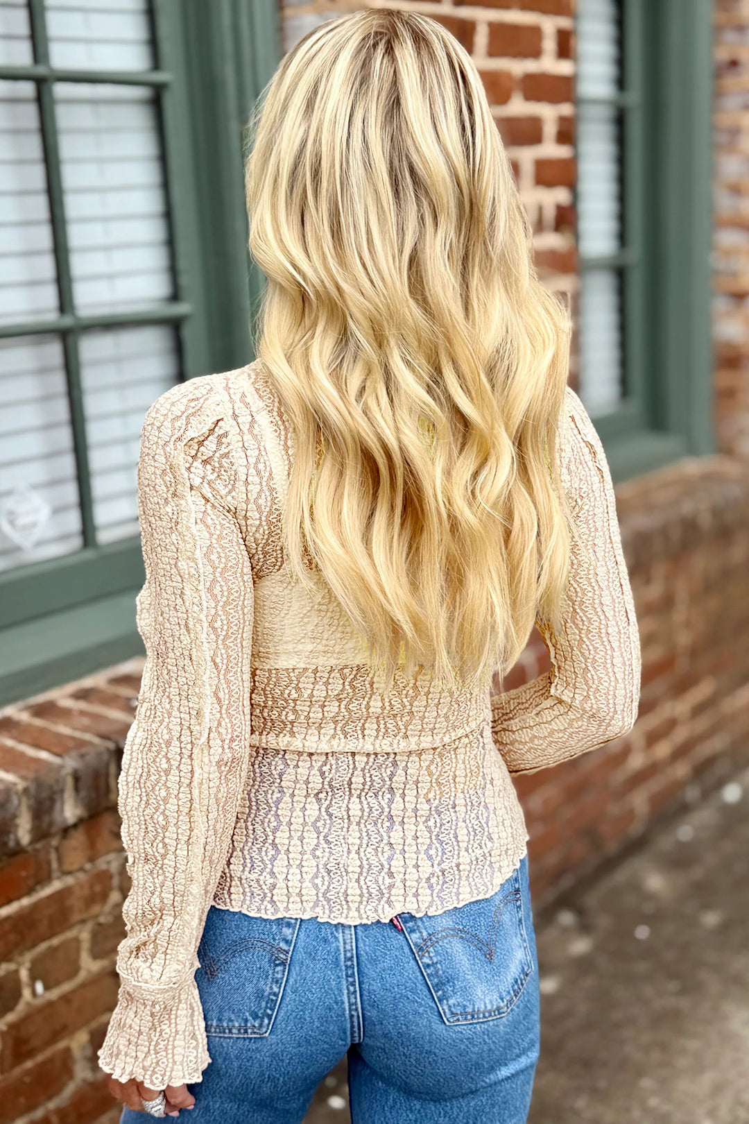 Apricot Flounced Long Sleeve Mock Neck Sheer Lace Top