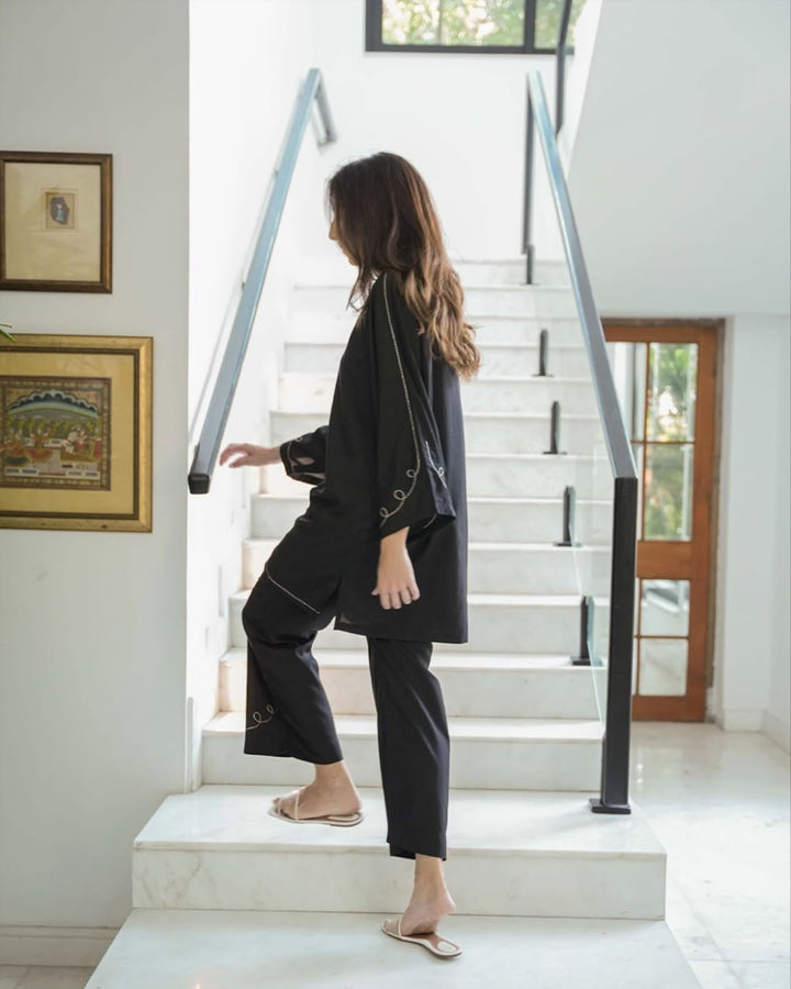 Embroidery Black Italian Cotton Viscose Blend Co-Ord Set