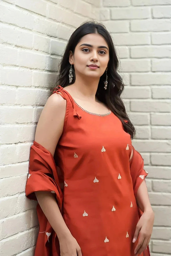 Rust Orange Embroidered Kurta Set with Chiffon Dupatta