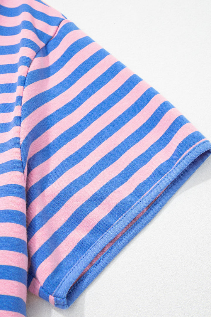 Pink Stripe Relaxed Short Sleeve Top Elastic Waist Drawstring Skort 2pcs Set