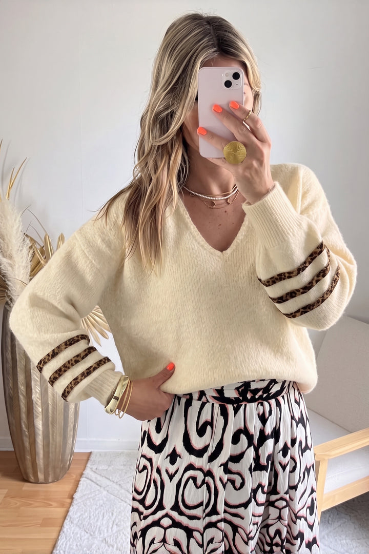 Beige V Neck Leopard Striped Detail Long Sleeve Casual Sweater