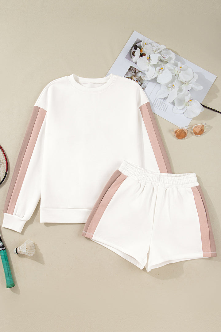 White Color Block Patchwork Drop Shoulder Pullover Casual Shorts 2pcs Outfit