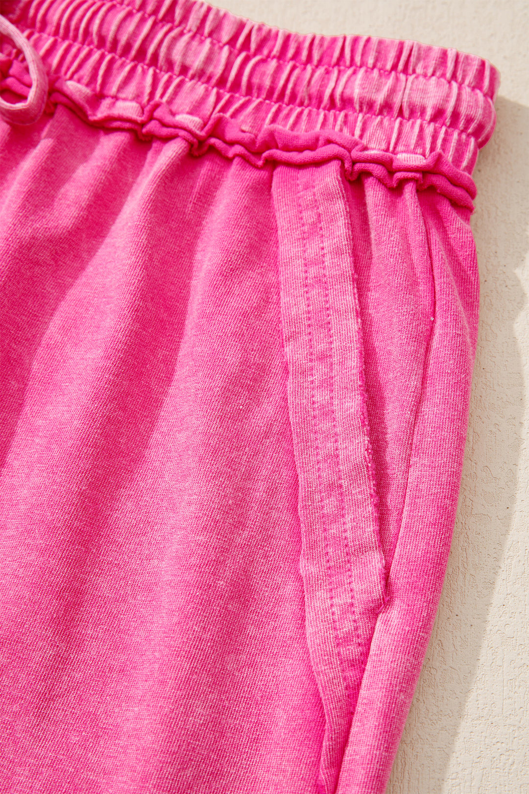 Rose Red Mineral Washed Drawstring Elastic Waist Raw Cut Shorts