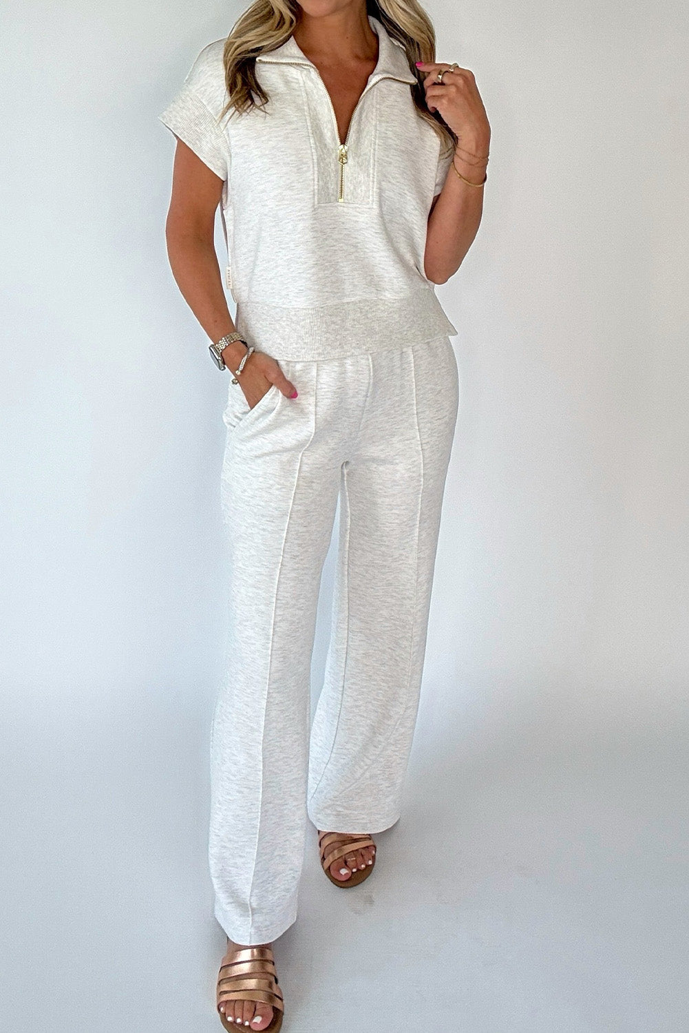 Light Grey Half Zip Polo Tee Casual Pant Set