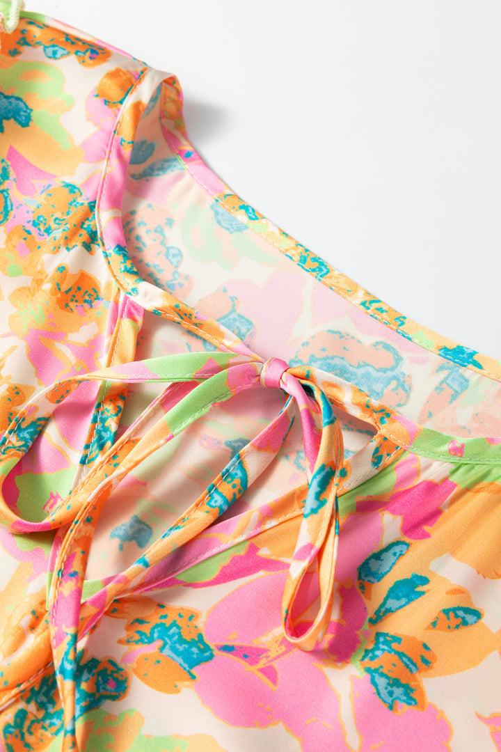 Orange Split V Neck Short Sleeve Flower Blouse