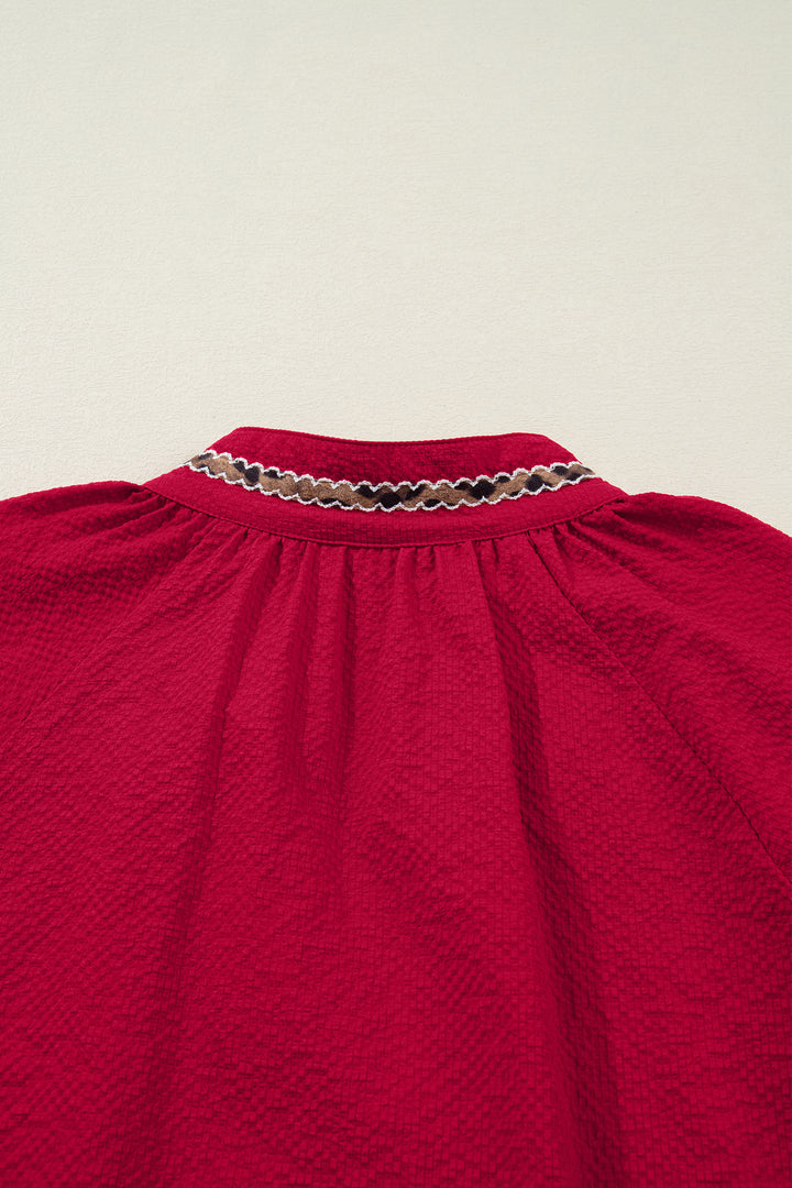 Racing Red Leopard Jacquard Print V Neck Textured Blouse