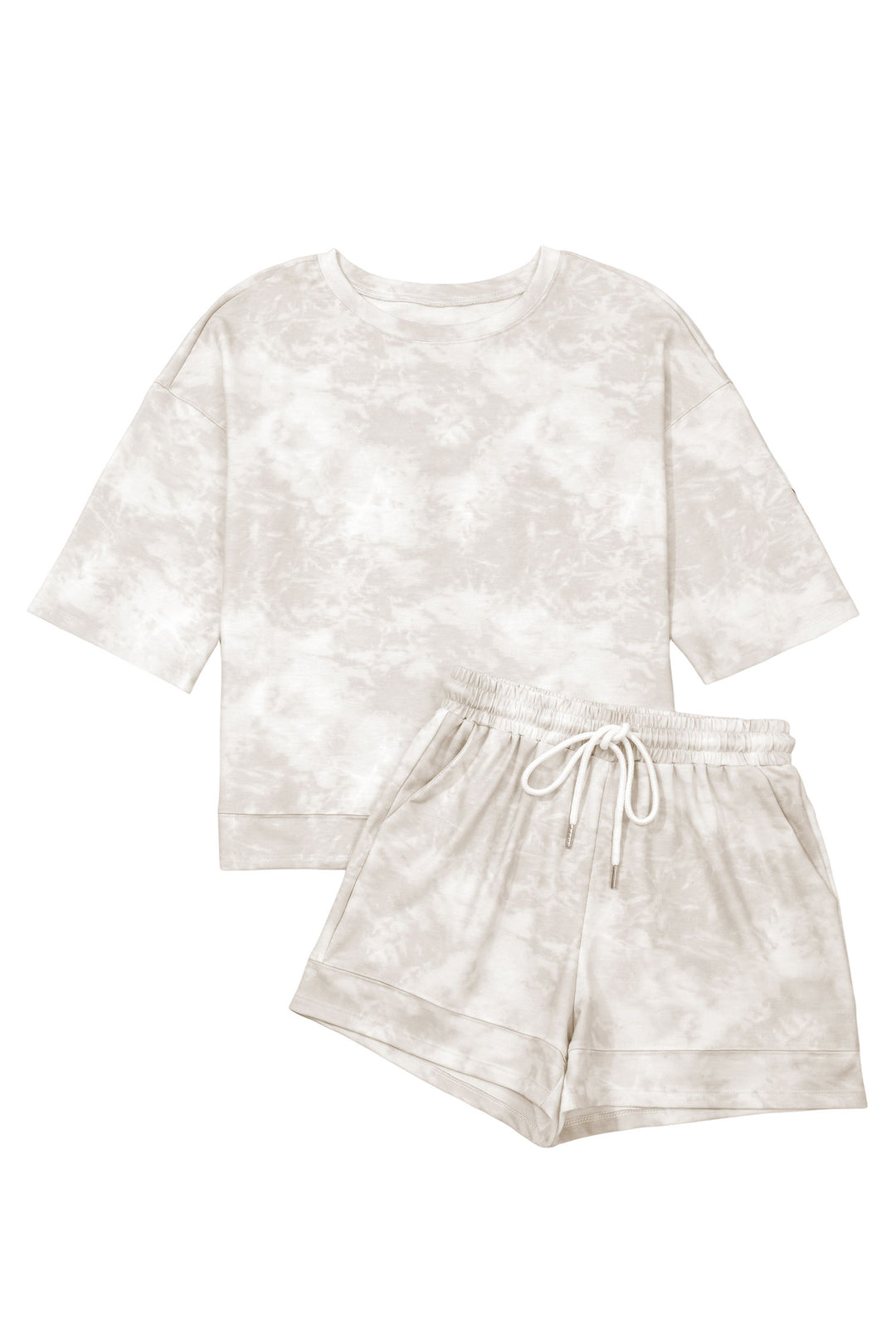 Beige Vintage Tie Dye Bracelet Sleeve Drawstring Elastic Waist 2pcs Short Set