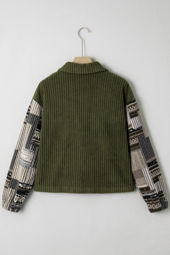 Jungle Green Ribbed Fleece Plaid Print Patchwork Button Up Jacket