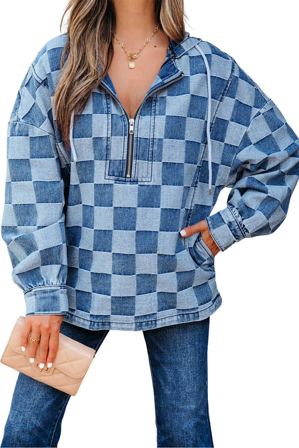 Sky Blue Checkerboard Oversized Zipped Neck Kangaroo Pocket Denim Hoodie