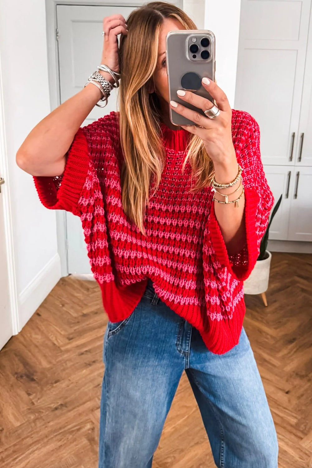 Red Stripe 3/4 Draped Sleeve Slouchy Sweater