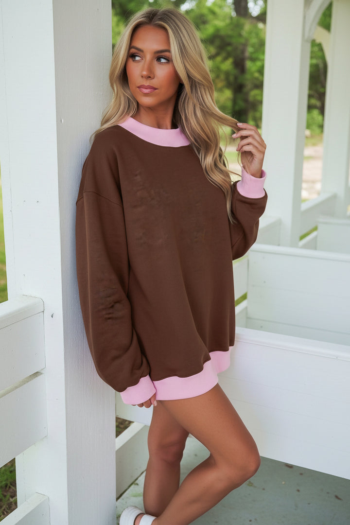 Pink Colorblock Trim Crewneck Long Sleeve Pullover Sweatshirt
