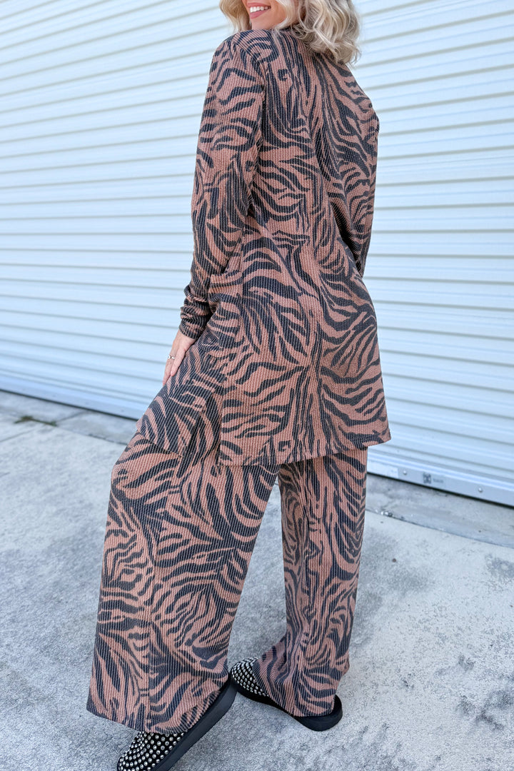Khaki Twisted Ribbed Zebra Print Open Cardigan Wide Leg Pant Set