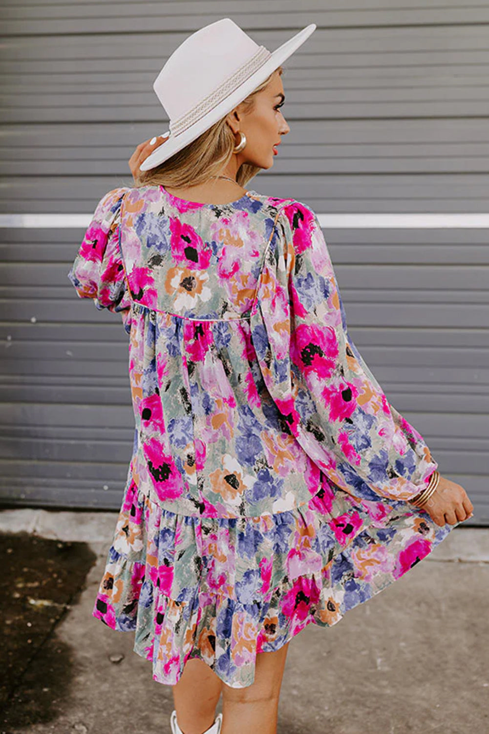 Multicolour Floral Tie Neck Bubble Sleeve Shift Dress