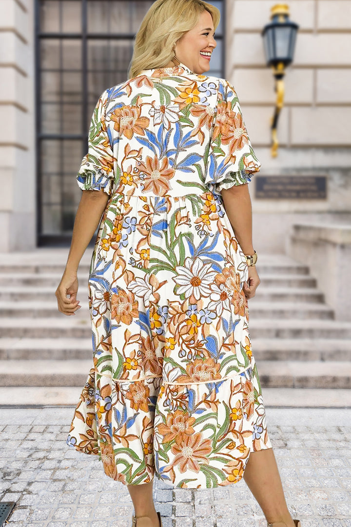 Khaki Floral Print 3/4 Sleeves Tiered Plus Size Long Dress