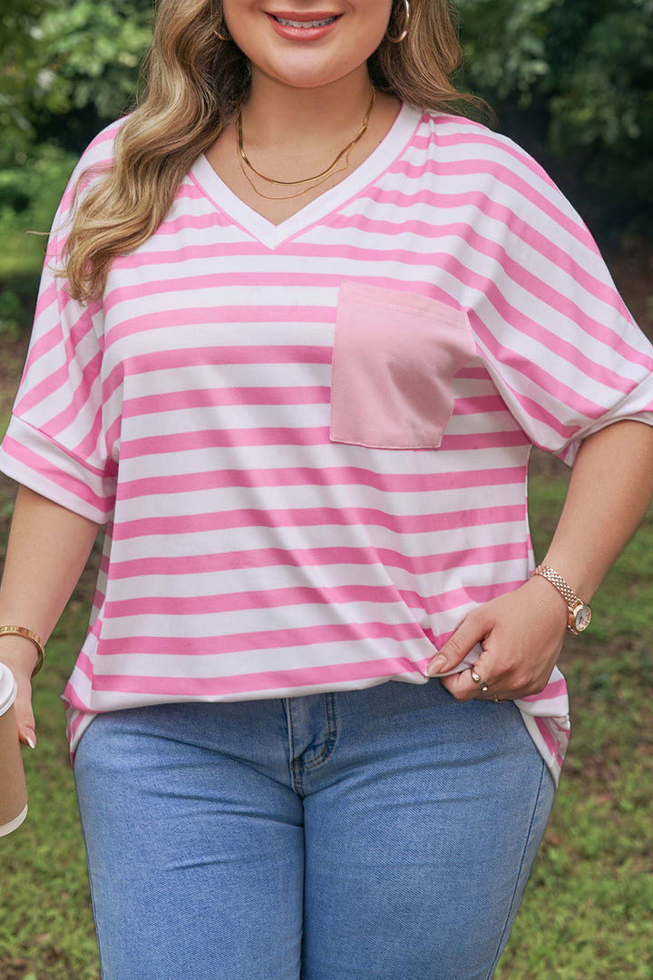 Pink Stripe Colorblock Patched Pocket V Neck Plus Size Tee